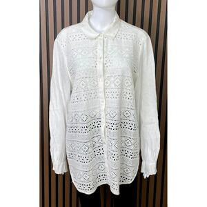J. Jill Love 100% Linen Women's L White Button Up Linen Shirt Eyelet Laser Cut‎